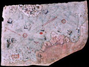 Mapa Piri Reis Haritasi dokončená v roce 1513. MUZEUM PALÁCE TOPKAPI, ISTANBUL, TURECKO.