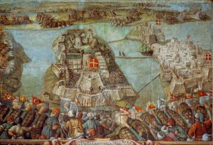 Tato freska zobrazuje obléhání Malty Turky v roce 1565. Umělecké dílo. od James L Stanfield