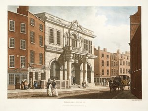 Tholsel, Dublin, 1798 (ručně kolorovaná rytina) od James Malton