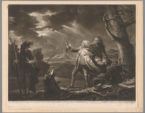 David Garrick jako král Lear s hrabětem z Kentu a Edgarem v přestrojení za Toma v bouřlivé krajině od James McArdell