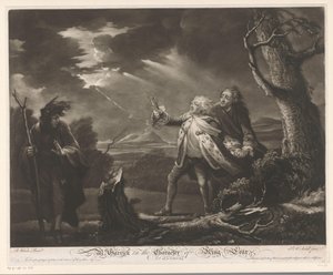 David Garrick jako král Lear s hrabětem z Kentu a Edgarem v přestrojení za Toma v bouřlivé krajině pan. Garrick v postavě krále Leara (název na předmětu)