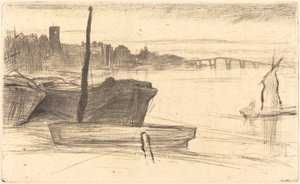 Chelsea Bridge a kostel od James Abbott McNeill Whistler