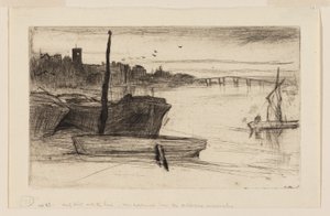 Chelsea Bridge a kostel od James Abbott McNeill Whistler