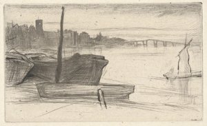 Most a kostel v Chelsea, ze souboru „Thames Set“ (série šestnácti leptů zachycujících výjevy z Temže a další náměty) od James McNeill Whistler