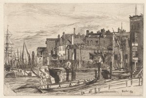 Thames Police (Wapping Wharf), ze souboru Thames Set (Série šestnácti leptů scén na Temži a dalších témat) od James Abbott McNeill Whistler