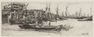 Thames Warehouse, ze souboru Thames Set (série šestnácti leptů scén na Temži a dalších témat) od James Abbott McNeill Whistler