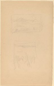 U Společnosti britských umělců visely dva náčrtky krajinných obrazů od James Abbott McNeill Whistler