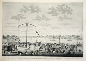 Pohled na břehy Gangy s vyobrazením Churruck Poojah …, hospoda. rytina z roku 1810. od James Moffat
