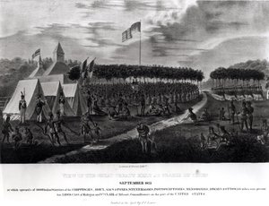 Pohled na Velkou smlouvu konanou v Prairie du Chien, Wisconsin, září 1825, z „The Aboriginal Portfolio“, 1825 od James Otto Lewis