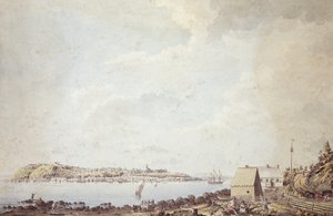 Pohled z města Quebec, hlavního města Kanady, pořízený z Ferry House na protější straně řeky, 3. října 1784 (pero, inkoust a akvarel na papíře) od James Peachey