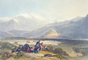 Bala Hissar a město Kábul s britskými opevněními z kopce Ba Maroo, začíná nepřátelství, deska 16 z „Scenery, Inhabitants and Costumes of Afghanistan“, vyryto R. Carrickem (c.1