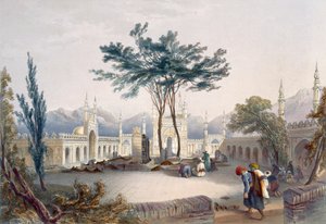 Mešita Goolaum Hoossein Huzrut-Jee, velký prorok Afghaunů, a Hrobky králů v Kandaháru, deska 30 z „Scenery, Inhabitants and Costumes of Afghanistan“, vyryla R. Carri
