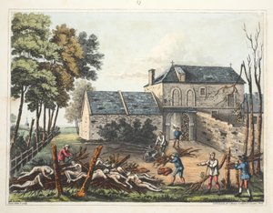 Zámek Hougoumont: ukazuje, jak jsou mrtví pohřbíváni po bitvě