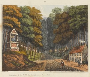 Vchod do Foret de Soigne, poblíž Bruselu, 1815, z „Historické zprávy o bitvě u Waterloo“, 1817 (barevná akvatinta)