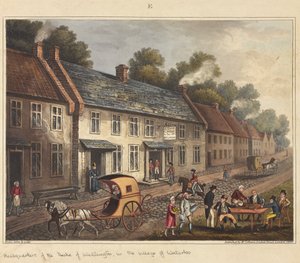 Sídlo vévody z Wellingtonu ve vesnici Waterloo, z „Historický popis bitvy u Waterloo“, 1817 (barevná akvatinta)