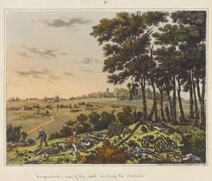 Hougoumont - pohled na les kolem zámku, z knihy "An Historical Account of the Battle of Waterloo".