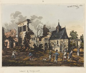 Interiér Hougoumontu, z „Historické zprávy o bitvě u Waterloo“, 1817 (barevná akvatinta)