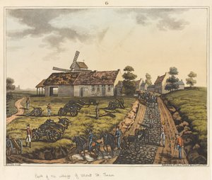 Část vesnice Mont St Jean, z „Historické zprávy o bitvě u Waterloo“, 1817 (barevná akvatinta) od James Rouse