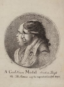 Koaliční medaile, udeřena mosazí: satira na koalici britských politiků Lorda Northa a Charlese Jamese Foxe, 1783