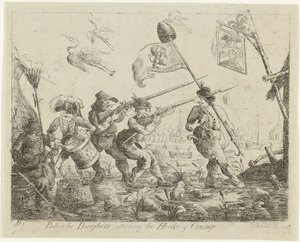 Spotprent op Goejanverwellesluis, 1787 Vlastenečtí měšťané útočící na House of Orange (název na objektu)