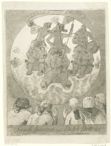Spotprent op de Franse invasie, 1795 Francouzská invaze na nizozemské dno. Ombres Chinoises / Terror the Order of the Day (název na objektu)
