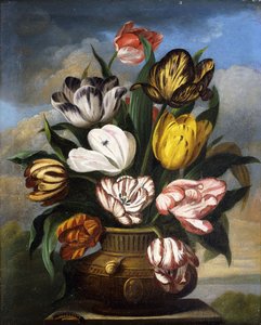 Tulipány ve váze, s housenkou, šnekem a mouchou, na podstavci v krajině, 1826