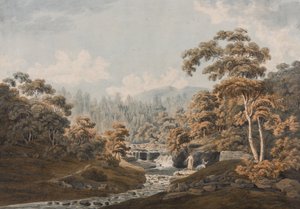 Peeblesshire: Habbies How, Peggys Pool a Carlops Hill (inkoust a wc na papíře) od James Stevenson