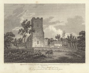 Robert Bloomfield, básník: Honington Church, and the Cottage, ve kterém se narodil Robert Bloomfield (rytina) od James Storer