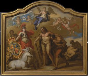Alegorie moci Velké Británie na zemi, návrh dekorativního panelu pro slavnostní kočár Jiřího I. od James Thornhill