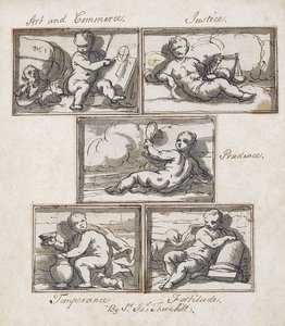 umění a obchod; Spravedlnost; Opatrnost; Střídmost; a odvaha, od James Thornhill