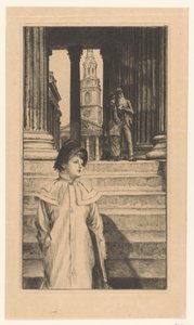 Mladá žena jde po schodech Národní galerie v Londýně od James Tissot
