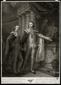 Portréty ruských velkovévodů Alexandra I. Pavloviče (1777-1825) a Constantina Pavloviče (1779-1831). Dílo Jamese Walkera (1748-cca 1808), rytina 1797. Anglické umění