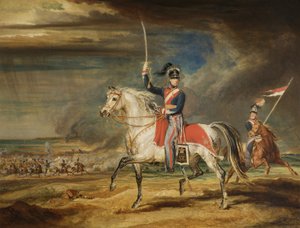 Sir John Leicester, Bt, cvičí svůj pluk Cheshire Yeomanry na píscích v Liverpoolu, 1824 od James Ward