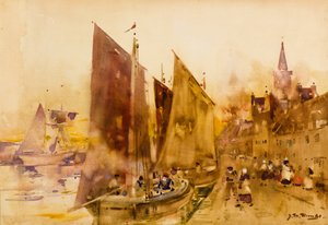 Trajektové rybářské lodě na Quayside, Montrose (akvarel)