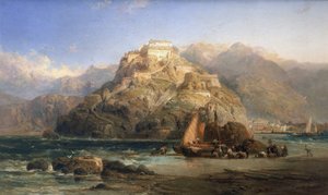 Pohled na San Sebastian (Španělsko), v centru hora Urgull a budovy hradu Santa Cruz de la Mota. Olej na plátně, autor James Webb (činný v letech 1853-1888).