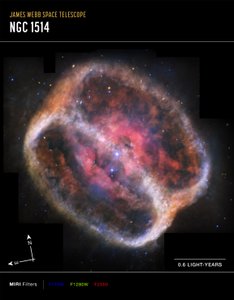 Planetární mlhovina NGC 1514 (snímek pořízený přístrojem MIRI Compass) od James Webb Space Telescope (NASA)
