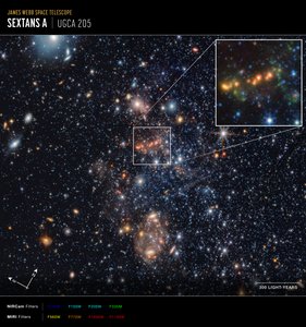 Sextans A – extrakce polycyklických aromatických uhlovodíků (snímek z Compassu) od James Webb Space Telescope (NASA)