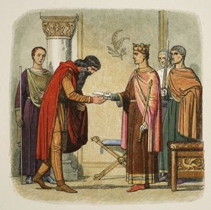 Henry zmocňuje Dermoda k vybírání sil, 1170, od A Chronicle of England BC 55 do AD 1485, pub. Londýn, 1863 od James William Edmund Doyle