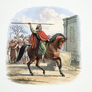Velekněz Coifi znesvětil chrám modly, 627 n. l., z knihy Kronika Anglie 55 př. n. l. až 1485 n. l., vyd. Londýn, 1863 od James William Edmund Doyle