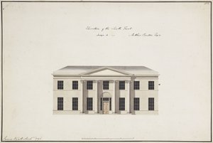 Soho House: Plán přízemí; Plán patra ložnice; Pohled na jižní frontu, Návrh A, Pohled na jižní frontu, Návrh B a Pohled na severní frontu, 1796