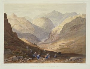 Pevnost Alimusjid a průsmyk Khyber, deska 13 ze Scenery, Obyvatelé a kostýmy Afghánistánu, vyryl W.L. Walton, 1848