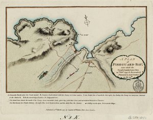 Plán zálivu Fishguard, u kterého se 22. února 1797 vylodilo 1200 Francouzů a 24. února 1797 se vzdali zajatců lordu Cawdorovi. od James and Laurie Robert (1755 1836) Whittle