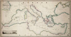 Generální mapa Středozemního moře včetně Benátského zálivu, souostroví a části Černého moře s trasami paroplavby od James the Younger Wyld
