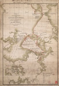 Náčrt objevů na severním pobřeží Ameriky, které učinil kapitán McClintock RN při pátrání po siru Johnu Franklinovi, asi 1859 (kolorovaná rytina) od James the Younger Wyld