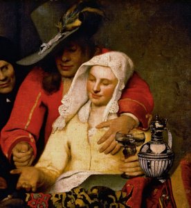 Muž podává ženě minci a dotýká se jejího ňadra, detail z The Procuress