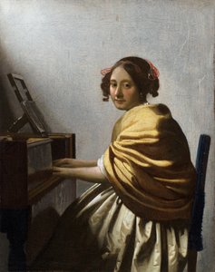 ""Mladá žena sedící u panenské"" (Mladá žena sedící u panenské) Obraz Jana Vermeera (Johannes) (1632-1675) cca 1670 Rozměr 25,1x20 cm Soukromá sbírka