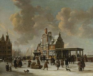 Paalhuis a Nieuwe Brug, Amsterdam, v zimě, 1640-66 od Jan Abrahamsz. Beerstraten