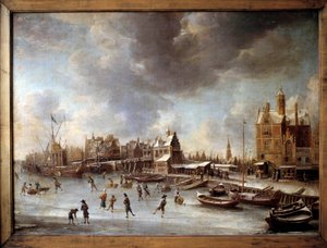 Zimní krajina. Bruslaři na zamrzlém jezeře. Obraz od Burstatena (1622-1666) 17. stol. Berlín, Státní muzeum