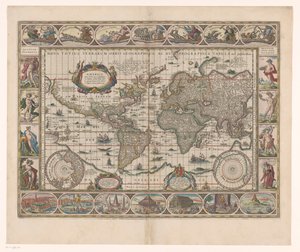 Wereldkaart se setkal dekorativně randen Nová geografická a hydrografická mapa celého světa od Jan Aertse van den Ende