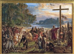 La chhristiannisation de la Pologne, 966 - christianizace Polska, 966. Z cyklu Dějiny civilizace v Polsku od Matejka, Jana Alojzyho (1838-1893). Olej na dřevě od Jan Alojzy Matejko